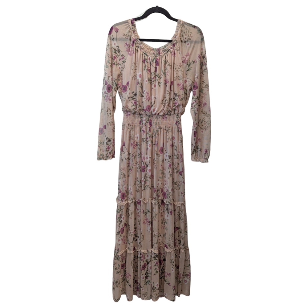 Kate and Lily Floral Long Sleeve Mesh Tiered Maxi Dress